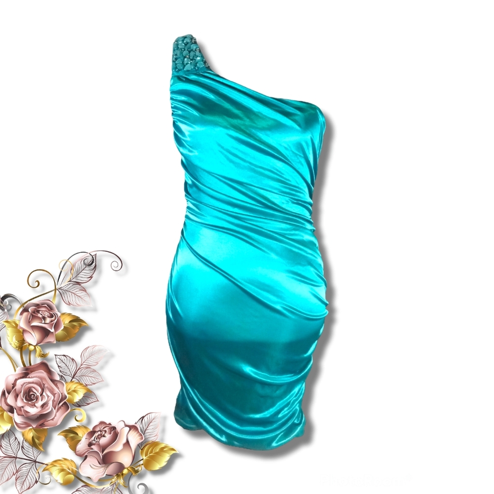 Teal Satin One Sleeve Mini Dress
